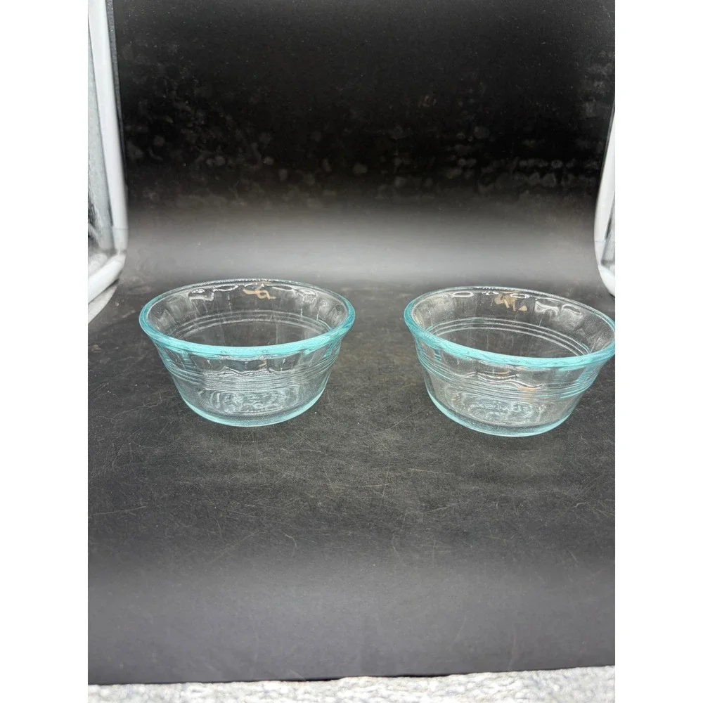 Pyrex 463 Light Blue Glass Custard Cups 6oz Ramekins Set of 2 Ribbed Made in USA